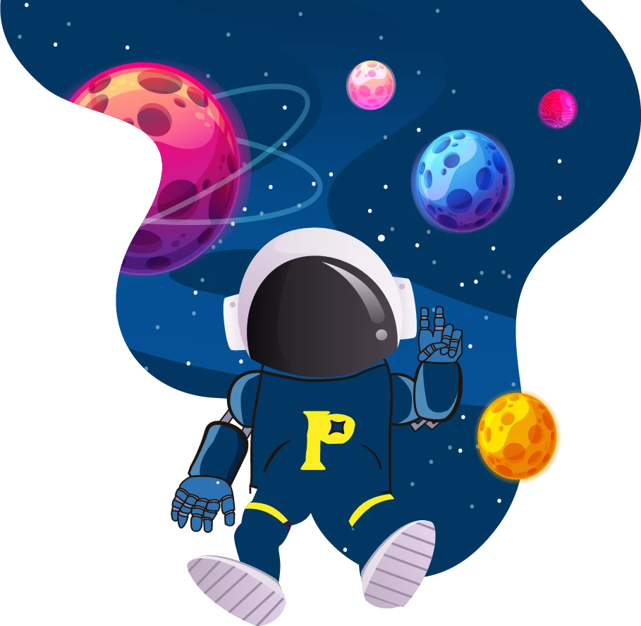Astronauta de Pley flotando entre planetas