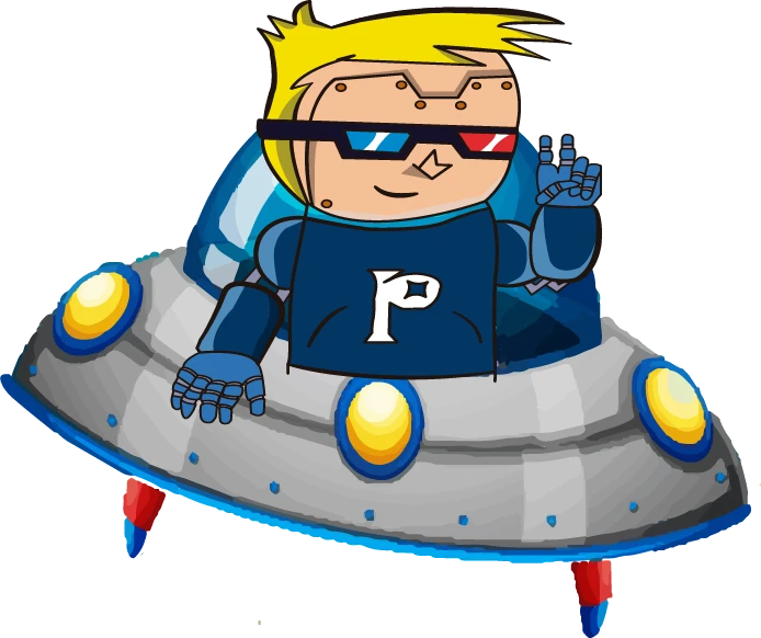 Mascota de Pley saludando desde su nave espacial
